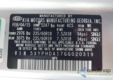 2016 Kia Sorento 2.0T Ex from USA, damaged, VIN 5XYPHDA17GG020319